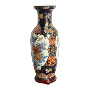 Vintage Chinese Hand Painted Porcelain Vase With Wooden Base