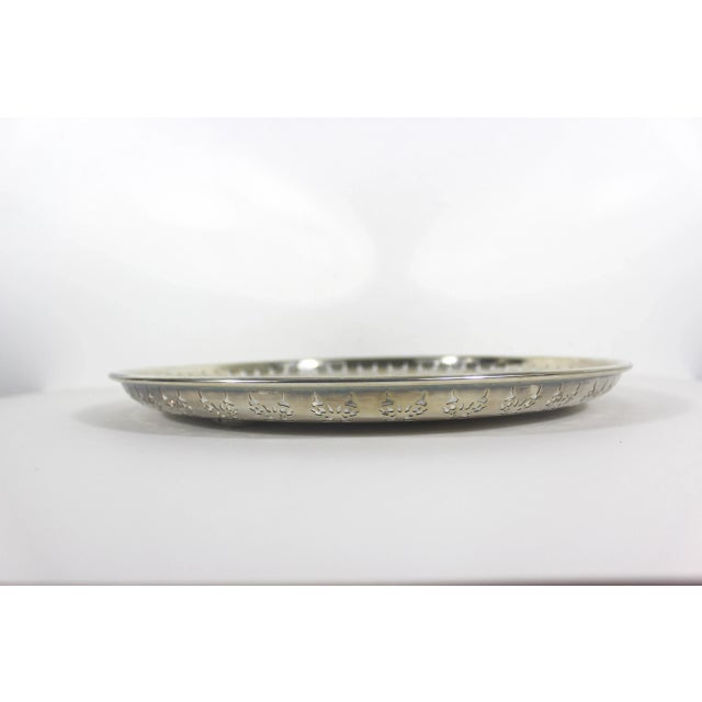 English Vintage Large Round Silver Plated Tray With Small Feet Pierced Side Plate Embossed For Sale - Image 3 of 8