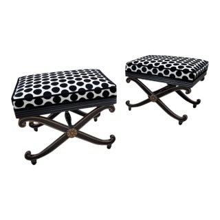 Vintage French Regency Style Ottomans With Ebonized Scrolled Bases, Newly Reupholstered – Pair For Sale