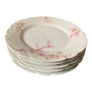 Early 20th Century Haviland Limoges Dinner Plates With Delicate Pink Swags of Flowers on White Bone China Set of 5 For Sale