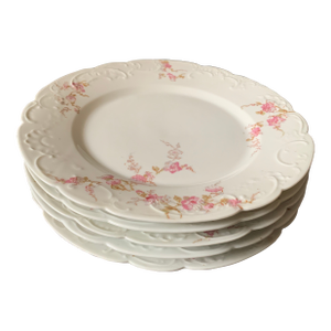 Early 20th Century Haviland Limoges Dinner Plates With Delicate Pink Swags of Flowers on White Bone China Set of 5