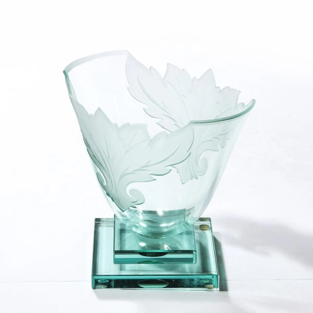 Frosted and Etched Cut Glass Leaf Vase/Bowl on Geometric Base by Robert Guenther For Sale - Image 12 of 12