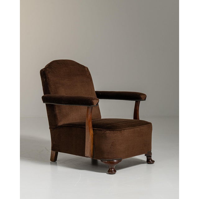1940-1949 France Deep Espresso Brown Upholstered Wingback Armchair For Sale - Image 9 of 11