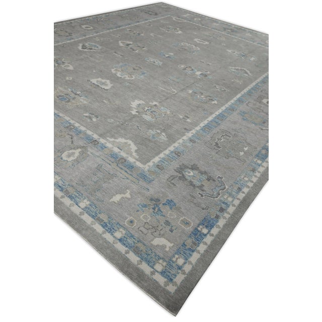 Early 21st Century Early 21st Century Gray & Blue Floral Design Handwoven Wool Turkish Oushak Rug 11'6" X 15' For Sale - Image 5 of 8