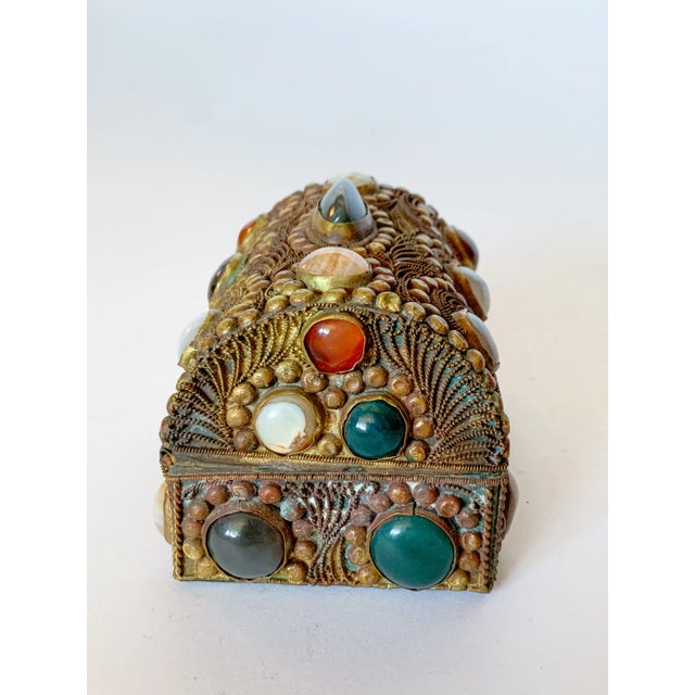 Antique Tibetan Bronze Filigree and Gemstone Agate Inlaid Jeweled Jewelry Box For Sale In Dallas - Image 6 of 10