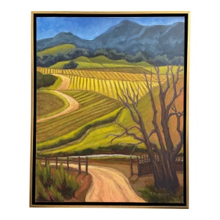 Contemporary Landscape Oil Painting, "Road to Vineyards, Santa Rita Hills", Framed, by Teresa DiMarco For Sale