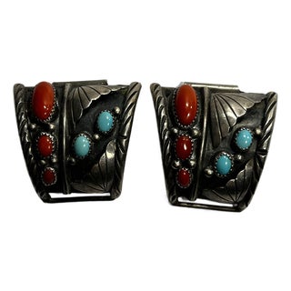 Vintage Native American Sterling Silver Turquoise, and Coral Watch Tips For Sale