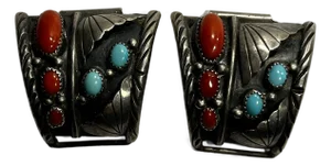 Vintage Native American Sterling Silver Turquoise, and Coral Watch Tips