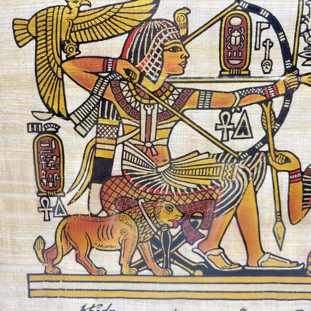 Traditional Framed Hand-Painted Egyptian Papyrus King Tutankhamun and Queen Ankhesenamun in a Traditional Royal Hunting Scene by Khedn For Sale - Image 3 of 10