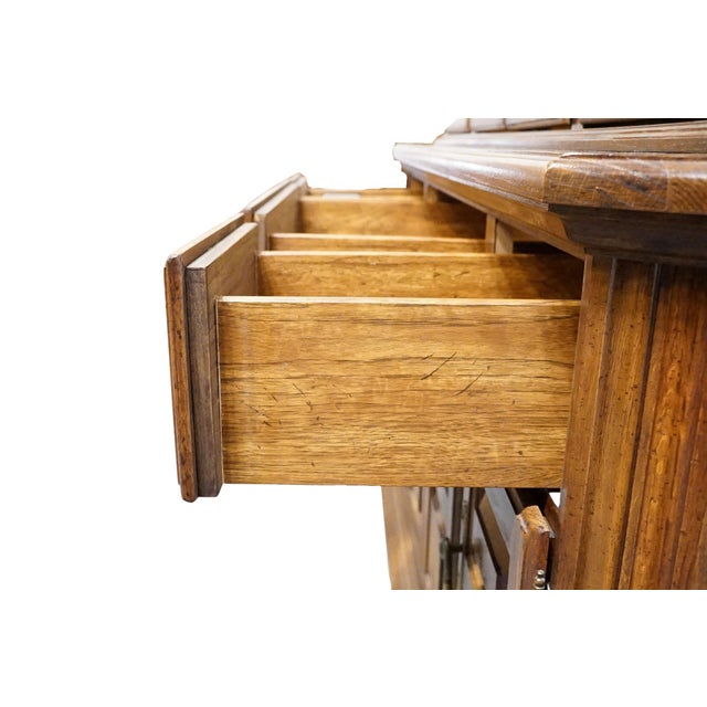 High End Vintage Solid Oak Rustic European 62" Buffet W. Lighted Display China Cabinet 7080-67 / 7080-68 For Sale - Image 9 of 14