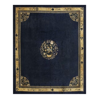 Traditional Navy Blue Medallion Oriental Antique Chinese Peking Room Size Rug For Sale