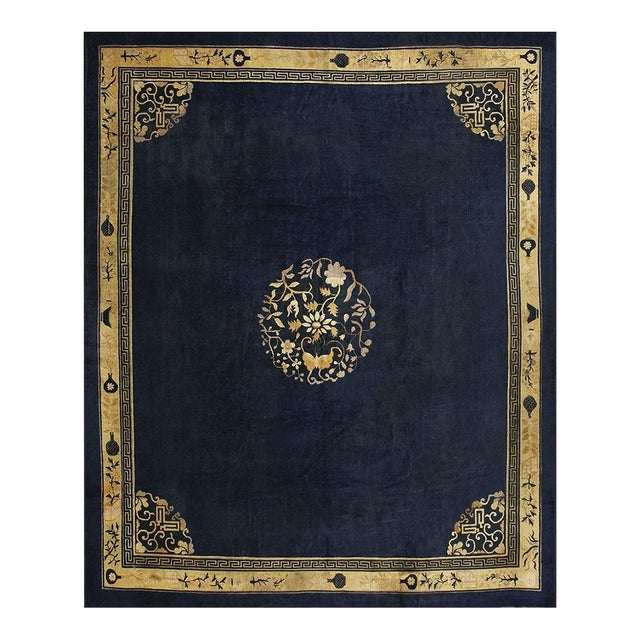 Traditional Navy Blue Medallion Oriental Antique Chinese Peking Room Size Rug For Sale