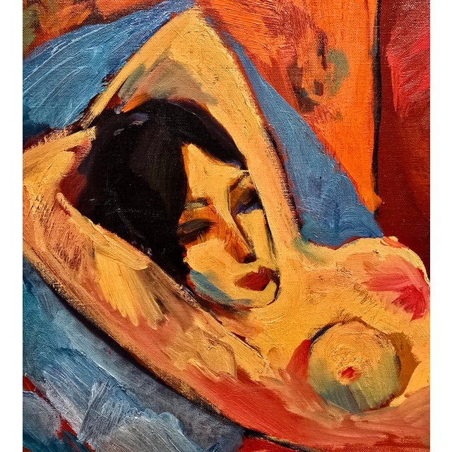 Red Minas Avetisyan 1963 Mid-Century Armenian Modernist Reclining Nude -Oil Painting For Sale - Image 8 of 12