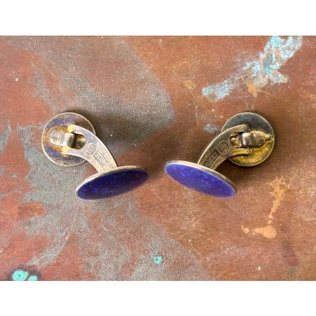 Metal Art Deco Blue Guilloche Enamel and 925 Sterling Cufflinks by David-Andersen for Guttorm Kristiansen, Norway, 1930s, Set of 2 For Sale - Image 7 of 7