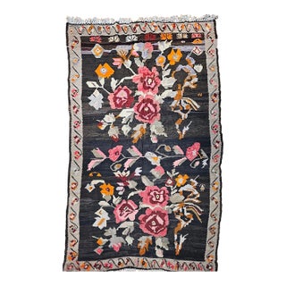 Vintage Caucasian Karabagh Kilim, Flat-Woven Wool, Allover Floral Pattern, Chocolate & Red, 7x13 For Sale