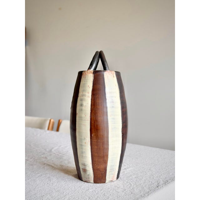 Mid-Century Modern Mid 20th Century Studio Pottery Loop Handle Vessel, Hand-Thrown Ceramic Vase, Earth Tone Glaze, Organic Modern Sculptural Form For Sale - Image 3 of 11