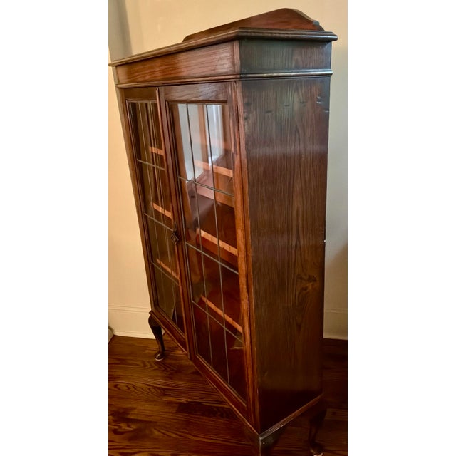 Victorian Antique Queen Anne English Oak Leaded-Glass Bookcase / Display Cabinet For Sale - Image 3 of 8