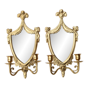 Pair of French Vintage Ornate Brass Mirrored Sconces Louis XVI Style