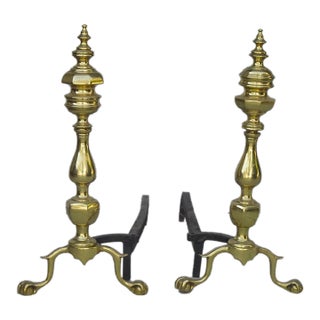 Pair of Vintage American Federal Brass Andirons W Wrought Iron Log Holders For Sale
