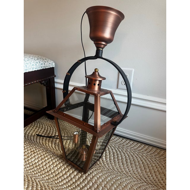 Traditional New Orleans copper style outdoor fixture. Solid copper, tempered glass. Classic half yoke to hang from ceiling.
