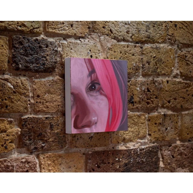 Contemporary Gone Fey by Shaina Craft | Oil on wood panel Portrait of a person with pink hair and an expressive gaze. For Sale - Image 3 of 5