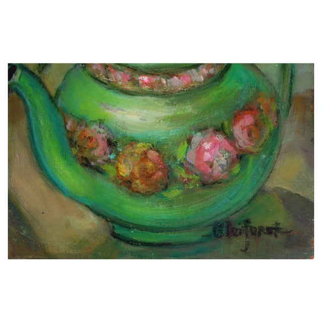 Mid Century Lilies and Teapot Still Life in Oil on Masonite by Helen Enoch Gleiforst For Sale - Image 4 of 4