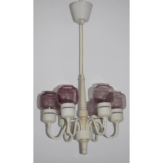 White with Pastel Purple Glass Model T-526 Chandelier by for Markaryd, Sweden, 1964 For Sale - Image 4 of 7