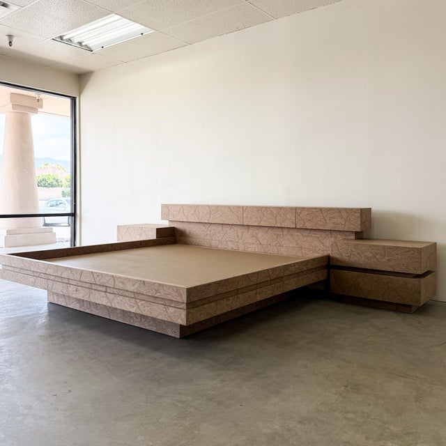 Wood Vintage Postmodern 1980s Burlwood King Platform Bed & Nightstands For Sale - Image 7 of 12