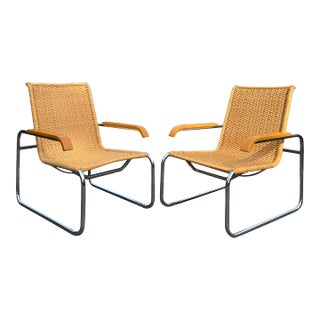 1970s Marcel Breuer B35 Modern Rattan Wicker Arm Chairs for Icf a Pair For Sale