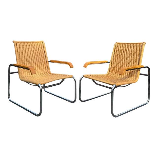 1970s Marcel Breuer B35 Modern Rattan Wicker Arm Chairs for Icf a Pair For Sale