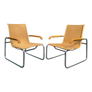 1970s Marcel Breuer B35 Modern Rattan Wicker Arm Chairs for Icf a Pair