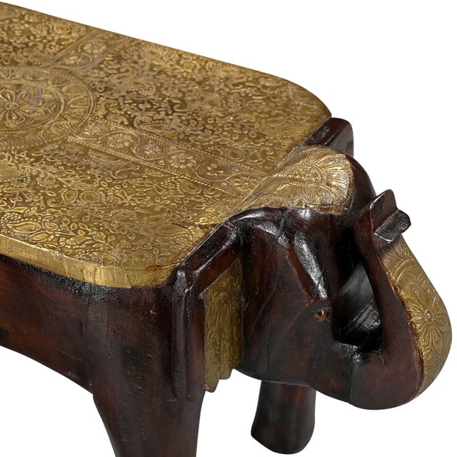 Far Pavilions 1960s Hand Carved Elephant Footstools Set of 2 | Hammered Brass Inlay Mango Wood Bench | Unique Indian Animal Ottoman | Living Room Accent Table For Sale - Image 4 of 4