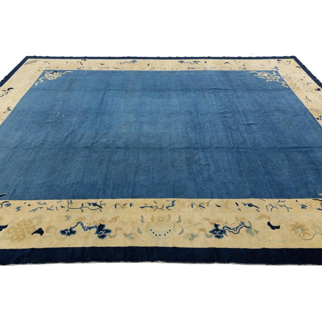 Antique Art Deco Handmade Blue Designed Chinese Wool Rug For Sale - Image 9 of 12
