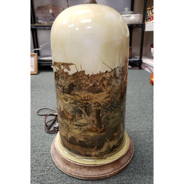 Brown Circa 1930 English Transferware Glass Dome Base Table Lamp With American Western Frontier Motifs For Sale - Image 8 of 12