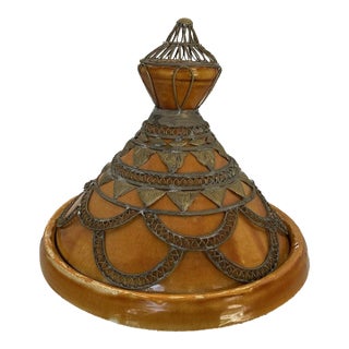 Vintage Moroccan Tagine Ceramic Silver Tone Filigree Metal Overlay Ornate For Sale