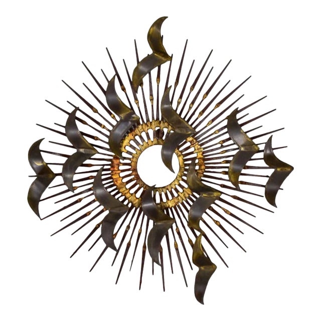 Mid 20th Century Wall Sculpture Torch Cut Brass Birds on Starburst Nail Style Silas Seandel or William Bowie For Sale