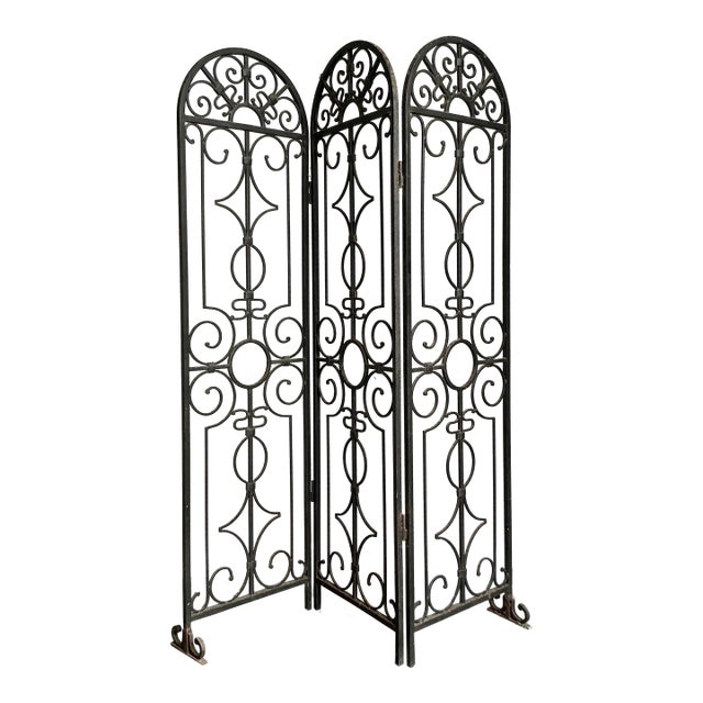 Vintage Boho Arched Wrought Iron Folding Screen For Sale
