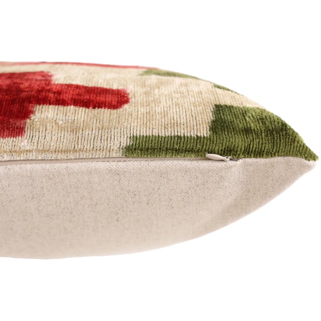 Hand-Knotted Silk Velvet Ikat Lumbar Pillow - 16x24 Ruby & Moss Green For Sale - Image 4 of 8