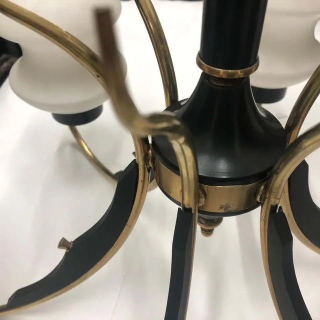 1950s Italian Mid-Century Modern Brass Ebonized Wood and White Glass Chandelier For Sale - Image 6 of 13
