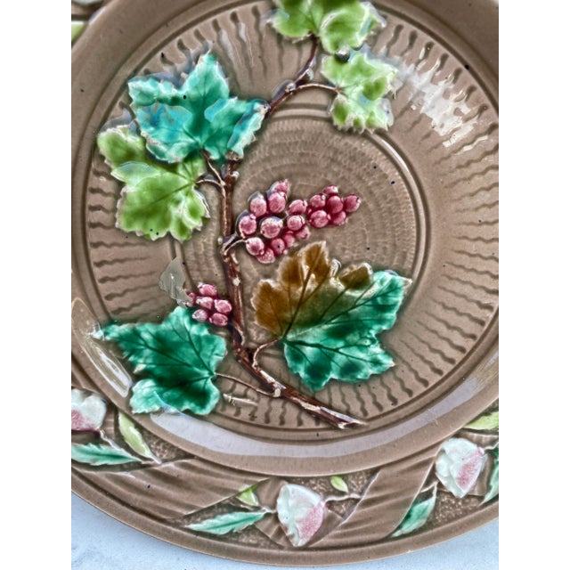 French Majolica grape & flowers plate Luneville, circa 1880.