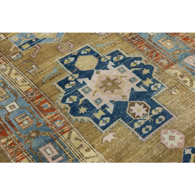 Textile Antique Heriz Runner Rug With Muted Camel Field and Geometric Medallions For Sale - Image 7 of 9