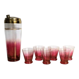 Vintage Blendo Cranberry Pink Glass Barware Cocktail Shaker and Set of 6 Glasses