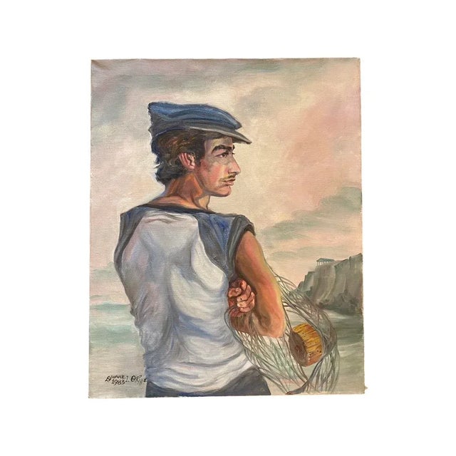 Vintage, 1983 Figural Oil Painting on Canvas of Young Man Fisherman, Signed For Sale - Image 9 of 11