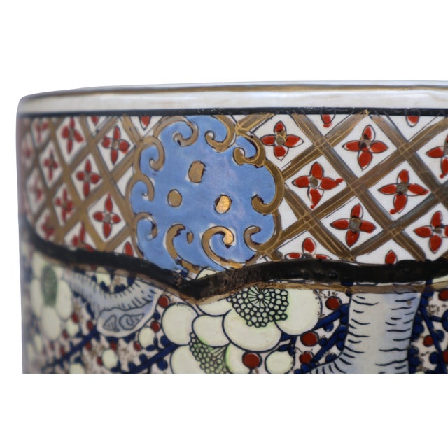 Vintage Macau Hand-Painted Porcelain Umbrella Stand With Floral Garden, Raised Enamels & Gilt Detail For Sale - Image 10 of 18