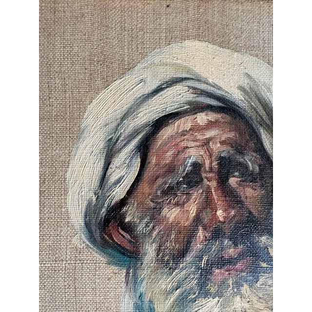 Figurative 1974 Oil Portrait Painting of Elderly Man in Turban Signed “Ali•sh” Original Vintage Framed For Sale - Image 3 of 9