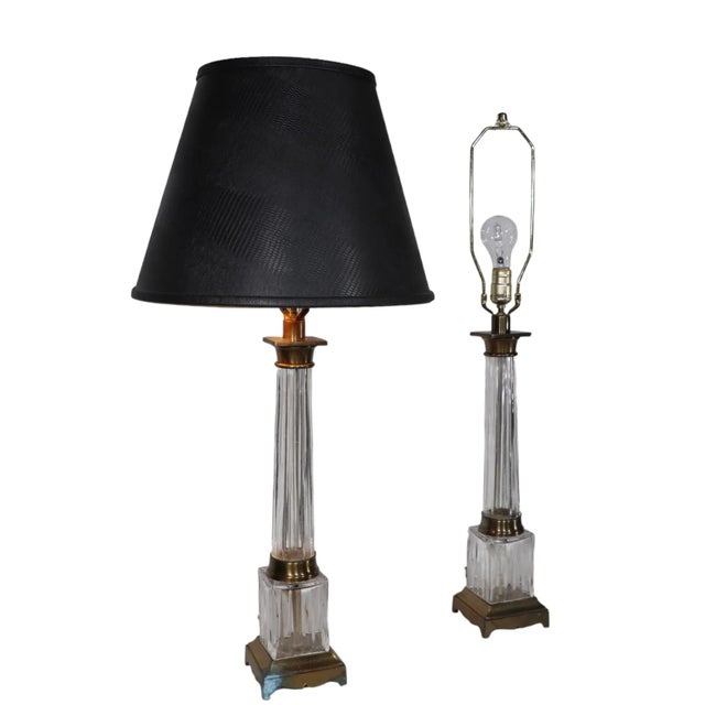 Shabby Chic Pr. Columnar Form Glass and Brass Table Lamps For Sale - Image 3 of 12