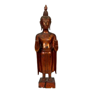 Antique Khmer Southeast Asian Wooden Standing Buddha Statue Carving