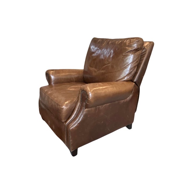 Pottery Barn Pottery Barn James Roll Arm Top-Grain Leather Recliner Chair – Nailhead Trim, Classic Traditional Club Style, Dark Walnut Legs For Sale - Image 4 of 11