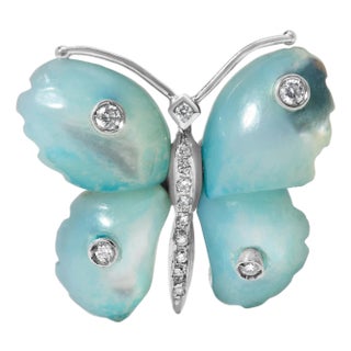 18K White Gold Blue Mother of Pearl and Diamond Accent Butterfly Pin Brooch For Sale