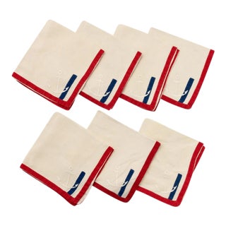 Set X 7 Embroidered Anchor Napkins W/ Blue & Red Trim For Sale